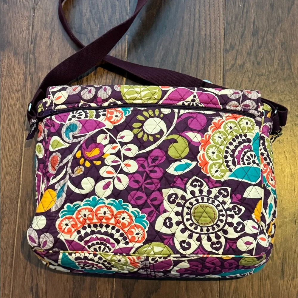 Vera Bradley Retired Messenger/Computer Bag in the Plum Crazy pattern.